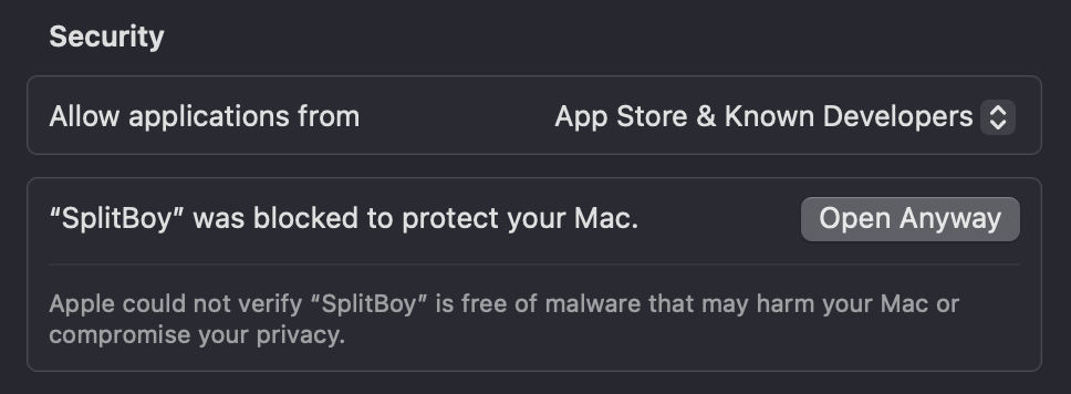 macOS Security settings showing Open Anyway button